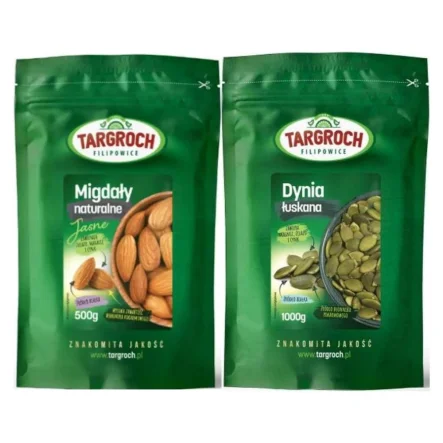 Migdały Naturalne Jasne 500 g - Targroch + Pestki Dyni bez Łupiny Doypack 1 kg - Targroch