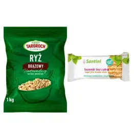 Ryż Brązowy Naturalny 1 kg - Targroch + Sezamki Bez Dodatku Cukru z Ksylitolem i Maltitolem 27 g - Santini