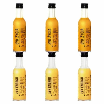 3 x ŁYK Życia (Imbir, Miód, cytryna, Woda Kokosowa, Kurkuma, Pieprz Cayenne) 50 ml - Drest + 3 x ŁYK Energii (Imbir, Miód, Cytryna, Woda Kokosowa, Ananas) 50 ml - Drest