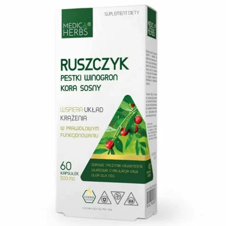 Ruszczyk plus Pestki Winogron plus  Kora Sosny 500 mg 60 Kapsułek - Medica Herbs