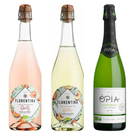 3 Różne Wina Musujące Bezalkoholowe: Szampan Bezalkoholowy Bio Florentina Rose bez Siarczynów, Bezsiarkowy, Wino Bezalkoholowe Musujące Gazowane Virgin Sparkling Spiritz 0% 0,75 l + Szampan Bezalkoholowy Bio Florentina Bellini bez Siarczynów, Bezsiarkowy,