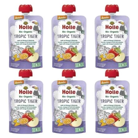 6 x Mus Owocowy Tropikalny Tygrys (Jabłko, Mango, Marakuja) Bez Dodatku Cukru Bio Demeter 100 g - Holle
