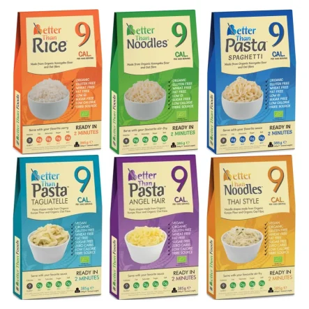 Makaron Konjac w Kształcie Ryżu Bio 385 g (300 g) + Makaron Konjac Noodle B/G Bio 385g + Makaron Konjac Spaghetti B/G Bio 385g + Makaron Konjac Tagliatelle B/G Bio 385g + Makaron Konjac Angel Hair Bio 385g + Makaron Konjac Noodle Thai Style B/G Bio 385g