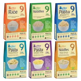 Makaron Konjac w Kształcie Ryżu Bio 385 g (300 g) + Makaron Konjac Noodle B/G Bio 385g + Makaron Konjac Spaghetti B/G Bio 385g + Makaron Konjac Tagliatelle B/G Bio 385g + Makaron Konjac Angel Hair Bio 385g + Makaron Konjac Noodle Thai Style B/G Bio 385g
