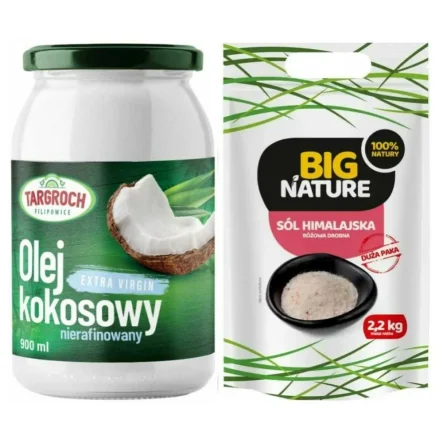 Olej Kokosowy Extra Virgin Nierafinowany 900 ml - Targroch + Sól Himalajska Różowa Drobna 2,2 kg - Big Nature