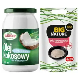 Olej Kokosowy Extra Virgin Nierafinowany 900 ml - Targroch + Sól Himalajska Różowa Drobna 2,2 kg - Big Nature