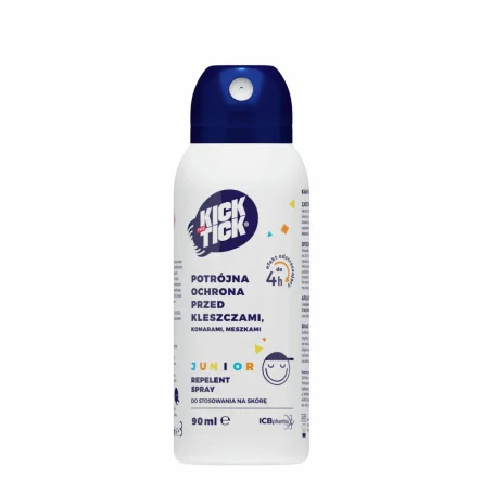 Kick The Tick Max Repelent Plus JUNIOR - Potrójna Ochrona przed Kleszczami, Komarami, Meszkami 90 ml - ICB Pharma