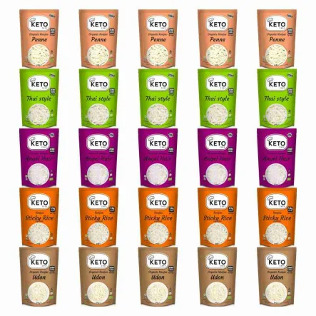 25 x Makaron Konjac KETO CHEF = 5 x Makaron Konjac Penne Bio 270 g (200 g) + 5 x Makaron Konjac Thai Style Bio 270 g (200 g) + 5 x Makaron Konjac Angel Hair Bio 270 g (200 g) + 5 x Makaron Konjac w Kształcie Ryżu (Sticky Rice) do Sushi 200 g + 5 x KETO Ma