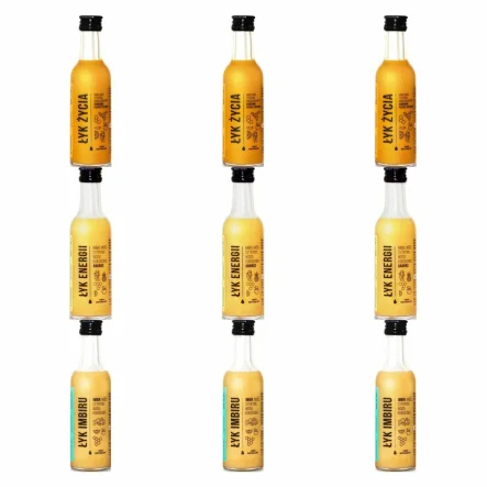 3 x ŁYK Życia (Imbir, Miód, cytryna, Woda Kokosowa, Kurkuma, Pieprz Cayenne) 50 ml - Drest + 3 x ŁYK Energii (Imbir, Miód, Cytryna, Woda Kokosowa, Ananas) 50 ml - Drest + 3 x ŁYK Imbiru (Imbir, Miód, Cytryna, Woda Kokosowa) 50 ml - Drest