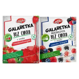 Zestaw Galaretka Przezroczysta  o Smaku Owoców Leśnych 14 g +  Galaretka o Smaku Truskawkowym 14 g - Celiko Bez Dodatku Cukru Bezglutenowa