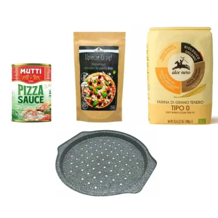 Forma do Pieczenia Pizzy Tacka fi 31 cm Klausberg + Mąka Pszenna Bio Typ 0 Mąka Włoska do Pizzy 1 Kg Alce Nero + Mieszanka do Wypieku Pizzy Bezglutenowa 250 g - Pięć Przemian + Sos Pomidorowy do Pizzy z Ziołami 400 g - MUTTI