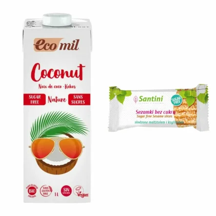 Napój Kokosowy Bezglutenowy Niesłodzony Bio 1 l Ecomil + Sezamki Bez Dodatku Cukru z Ksylitolem i Maltitolem 27 g - Santini