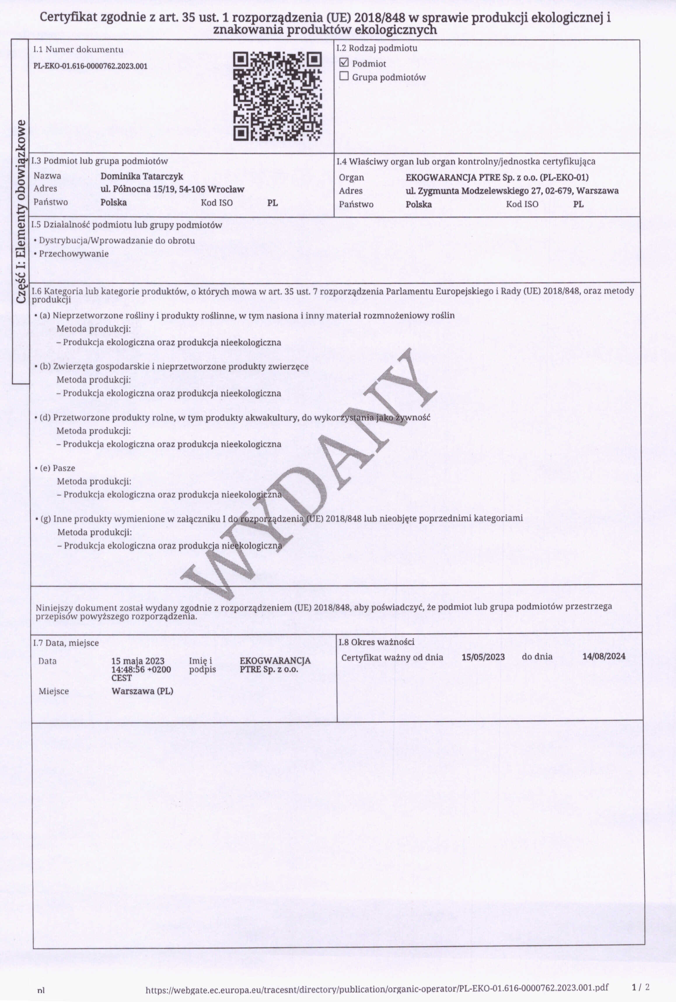 certyfikat ekologiczny ADAKA Dominika Tatarczyk sklep internetowy marketbio.pl PL-EKO-01.616-0000762.2023.001 1.1 certyfikat ekologiczny ADAKA Dominika Tatarczyk sklep internetowy marketbio.pl PL-EKO-01.616-0000762.2023.001 1.1