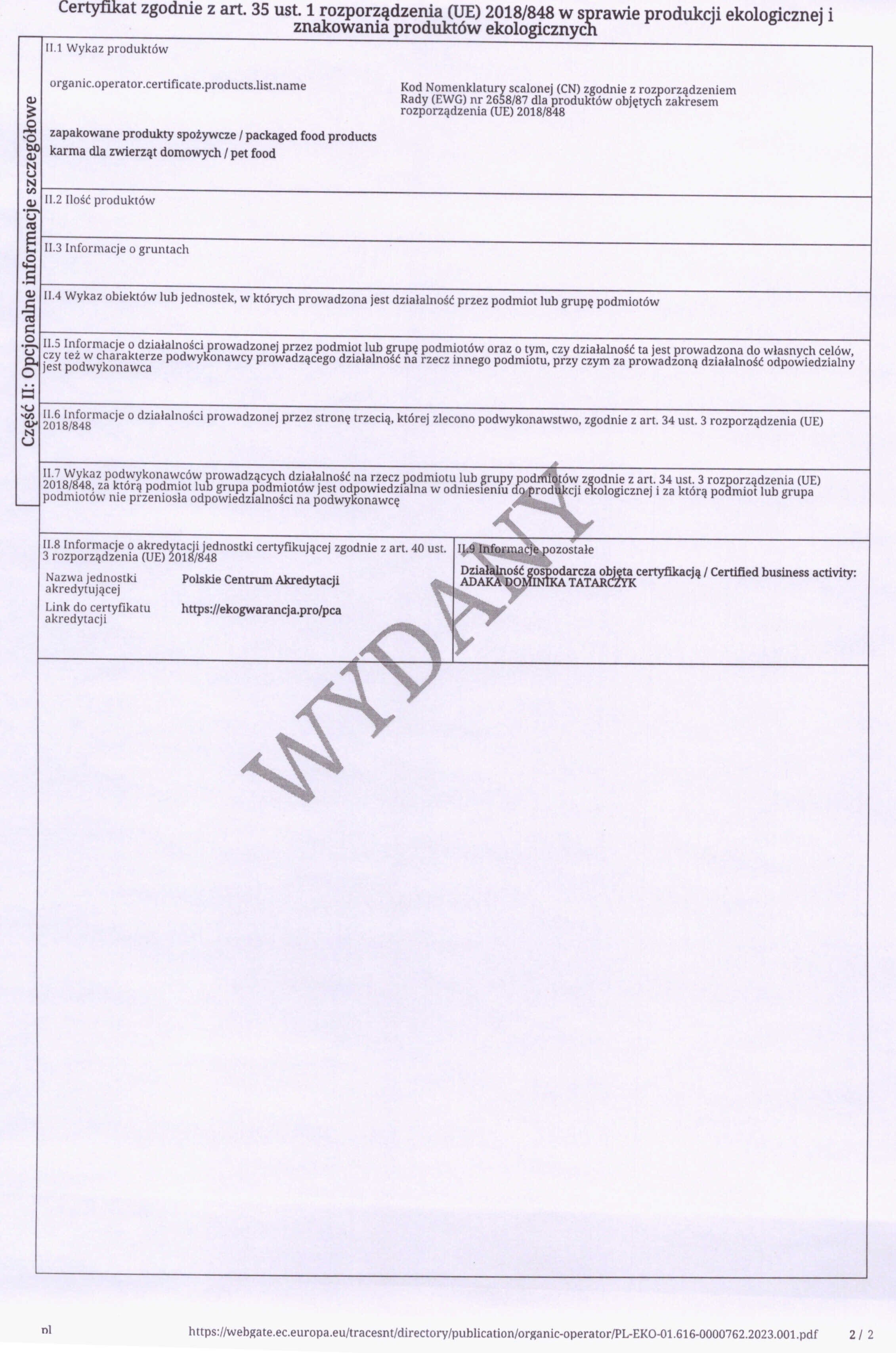 certyfikat ekologiczny ADAKA Dominika Tatarczyk sklep internetowy marketbio.pl PL-EKO-01.616-0000762.2023.001 1.2 certyfikat ekologiczny ADAKA Dominika Tatarczyk sklep internetowy marketbio.pl PL-EKO-01.616-0000762.2023.001 1.2