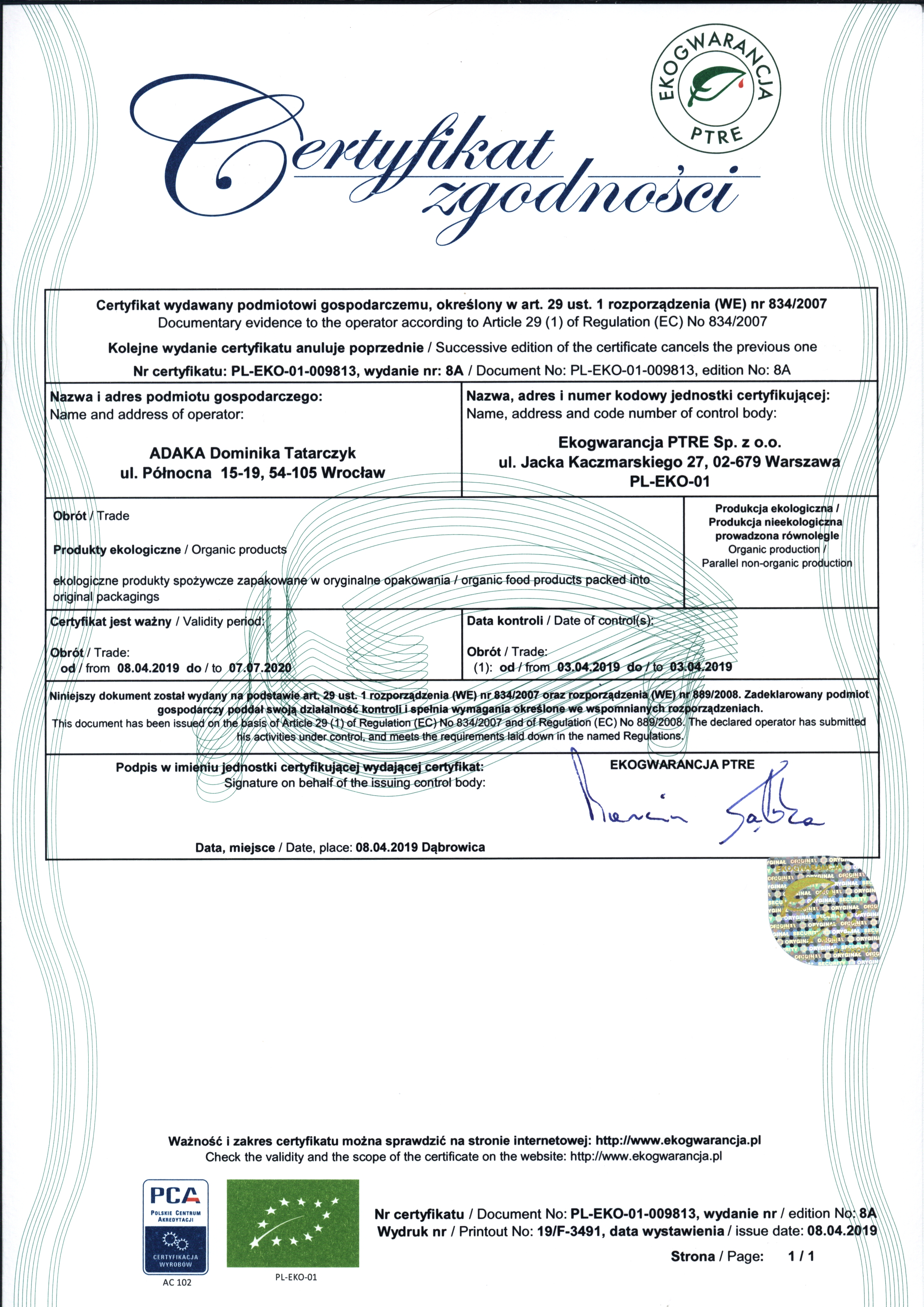 certyfiakt ekologiczny ADAKA 2019 MarketBio.pl certyfiakt ekologiczny ADAKA 2019 MarketBio.pl