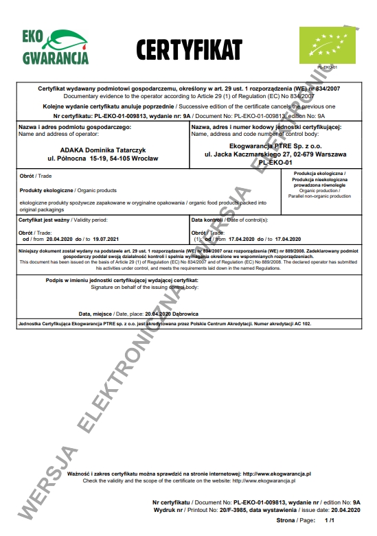 certyfikat ekologiczny marketbio.pl adaka certyfikat ekologiczny marketbio adaka